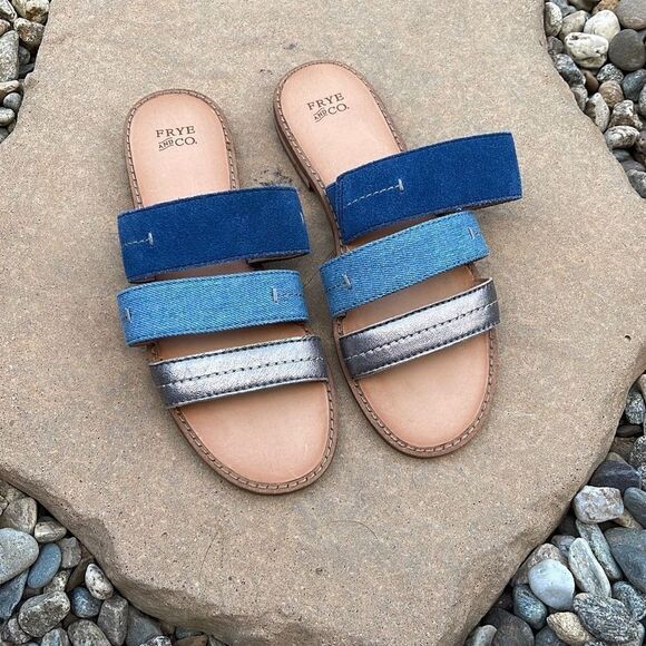 Frye and Co Womens Evie Slip On Sandals Flat Slide 3 Straps Casual Blue Size 6 M - Picture 2 of 7